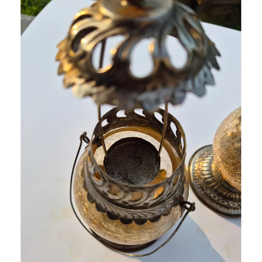 Vintage Silver Tone Crackle Glass Tea Light Lanterns Set of 2 Amber Boho Decor